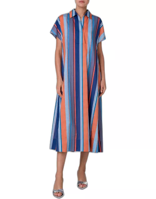Deck Chair Stripe-Print Short-Sleeve Midi Shirtdres