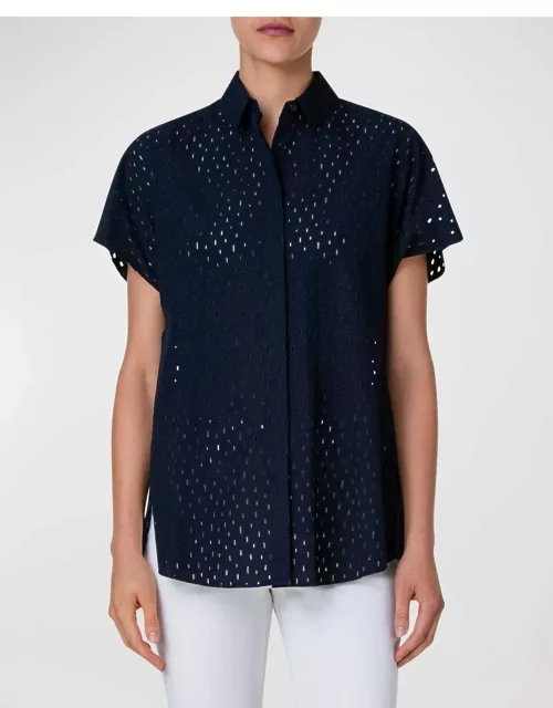 Lasercut Grid Cotton Poplin Collared Shirt