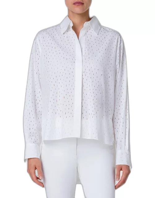 Lasercut Grid Cotton Poplin High-Low Collared Shirt