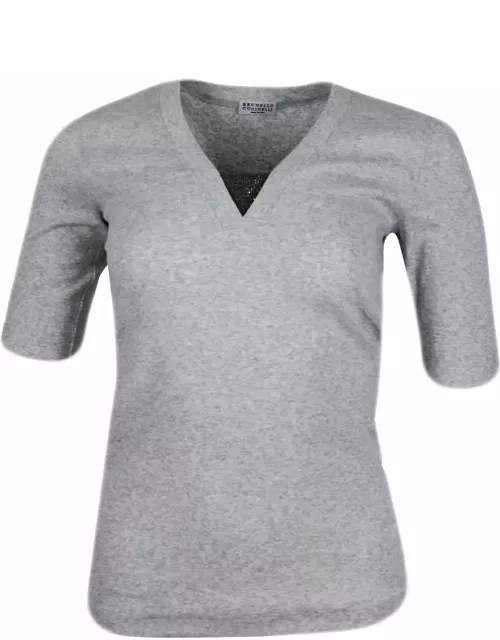 Brunello Cucinelli Long-sleeved V-neck T-shirt In Ribbed Stretch Cotton With Monili Triangle On The Neckline