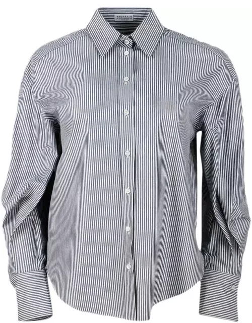 Brunello Cucinelli Long-sleeved Shirt Made Of Cotton With A Striped Pattern Embellished With Bright Lurex Thread