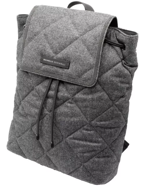 Brunello Cucinelli Backpack With Diamond Pattern In Wool And Leather Embellished With Rows Of Jewel