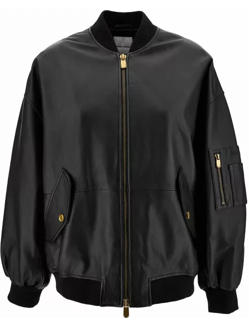 Pinko monterosi Black Bomber Jacket With Zip In Smooth Leather Woman