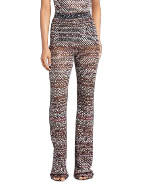 High-Rise Paillette Striped Knit Straight-Leg Pull-On Trouser