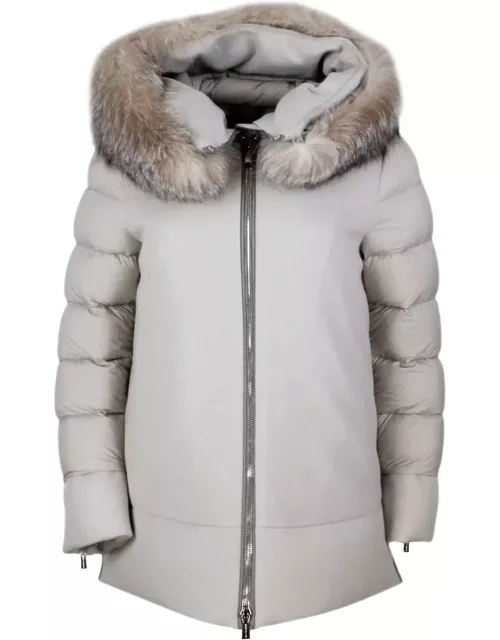 Moorer Down Quilted Wool And Cashmere Jacket With Nylon Sleeves And Hood With Detachable Fox Fur