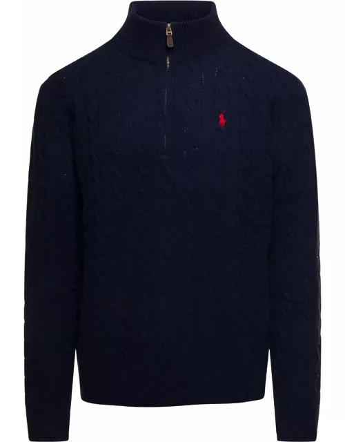 Polo Ralph Lauren Blue Cable-knit Sweater With Zip And Pony Embroidery In Wool And Cashmere Man