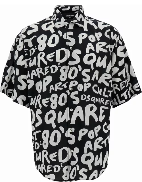 Dsquared2 Black Short Sleeve Shirt With Graffiti Logo Print In Cotton Man