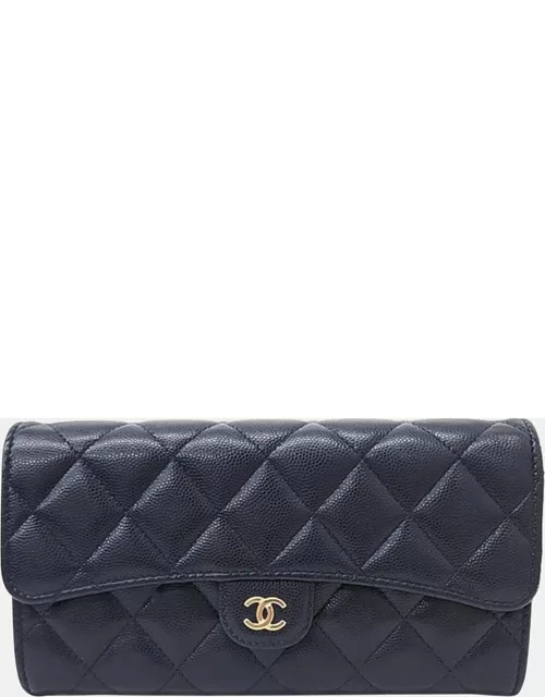 Chanel Navy Blue Caviar Leather Long Wallet