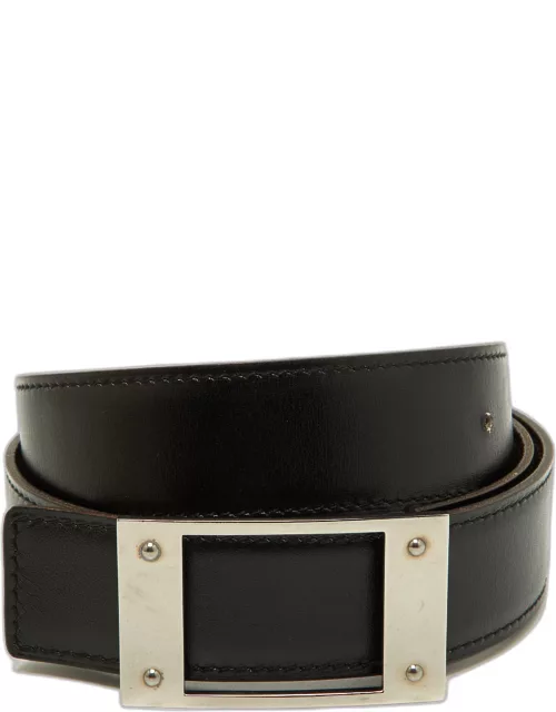 Hermes Black/Chocolat Box and Togo Leather Buckle Reversible Belt 85C