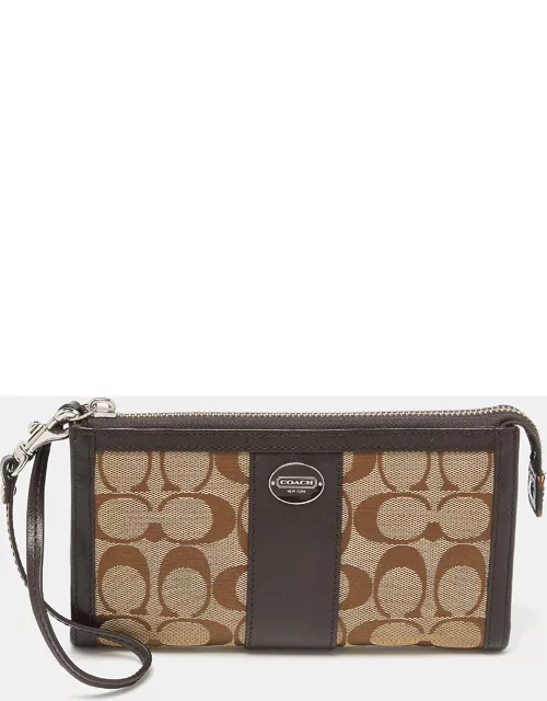 Coach Brown/Beige Signature Canvas and Leather Zip Wristlet Pouch