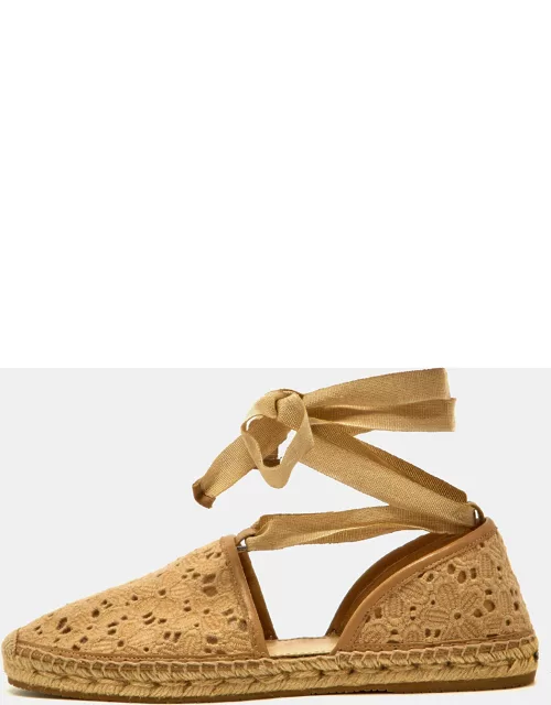 Jimmy Choo Beige Lace Embroidered Ankle Wrap Espadrille Flat