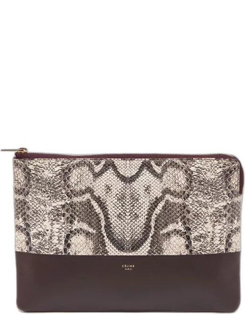 Celine Beige/Burgundy Snake Print Leather and Leather Solo Clutch Pouch
