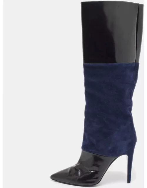 Pierre Hardy Navy Blue/Black Suede and Patent Knee Length Boot