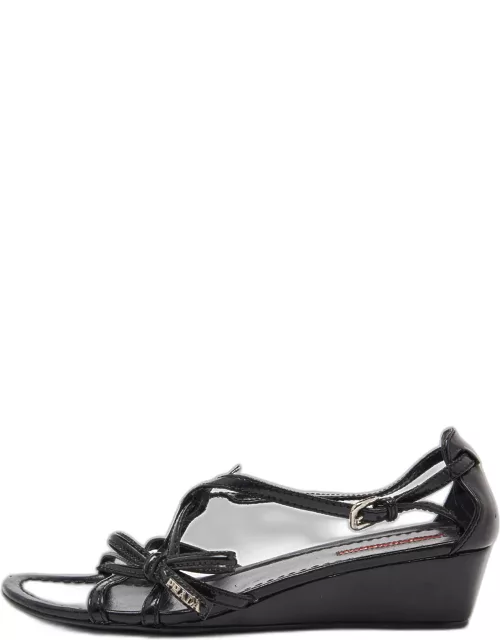 Prada Sport Black Patent Leather Strappy Bow Slingback Wedge Sandal