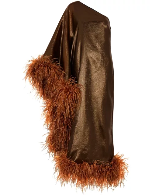Taller Marmo Ubud Feather-trimmed Lamé Maxi Dress - Brown - 44 (UK12 / M)