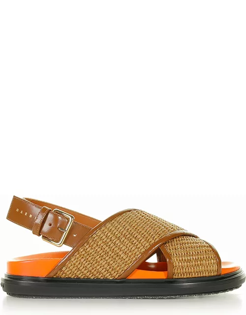 Marni Crossover Fussbett Sandal In Raffia Effect Fabric And Leather