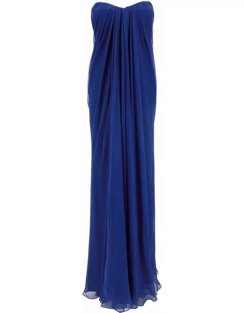Alexander McQueen Maxi Blue Draped Bustier Dress In Silk Woman