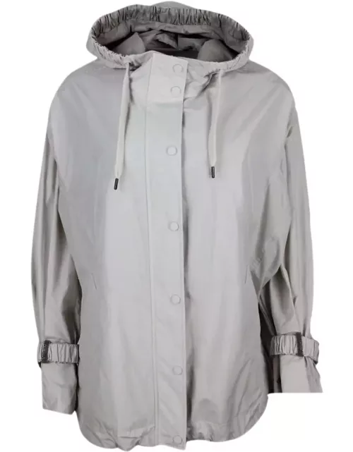 Brunello Cucinelli Water Resistant Outerware Jacket With Hood And Drawstring Hem. Curl On The Sleeve With Precious Jewe