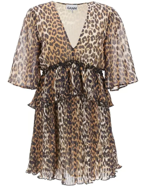 GANNI pleated mini dress with leopard motif