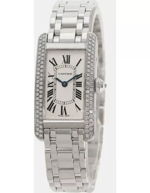 Cartier Silver Diamond 18k White Gold Tank Americaine WB7018L1 Quartz Women's Wristwatch 19 m