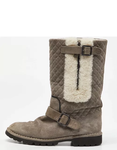 Chanel Grey Suede and Fur CC Mid Calf Boot