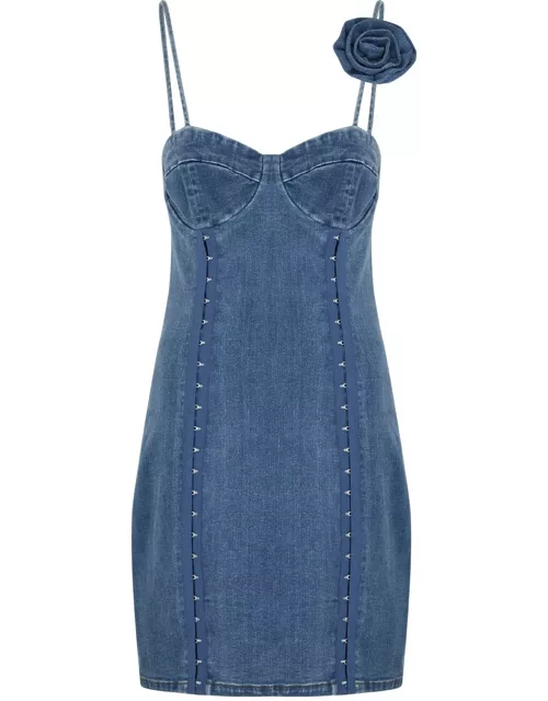 Rotate Birger Christensen Floral-appliquéd Stretch-denim Mini Dress - Dark Blue - 32 (UK4 / Xxs)