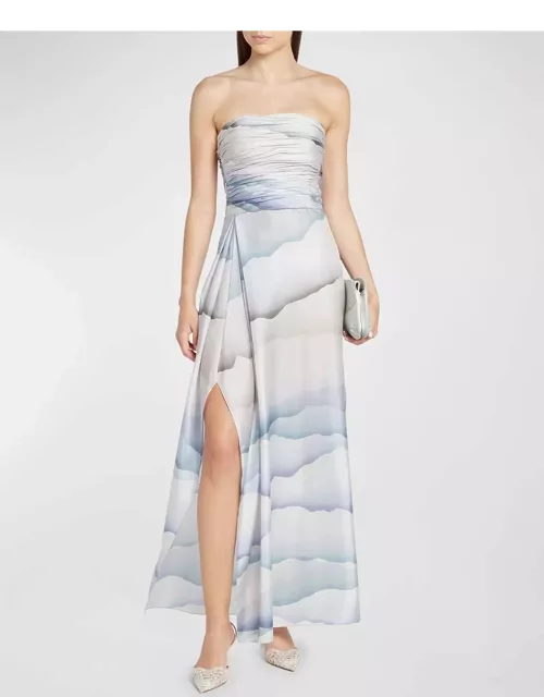 Printed Strapless Ruched Silk Dres
