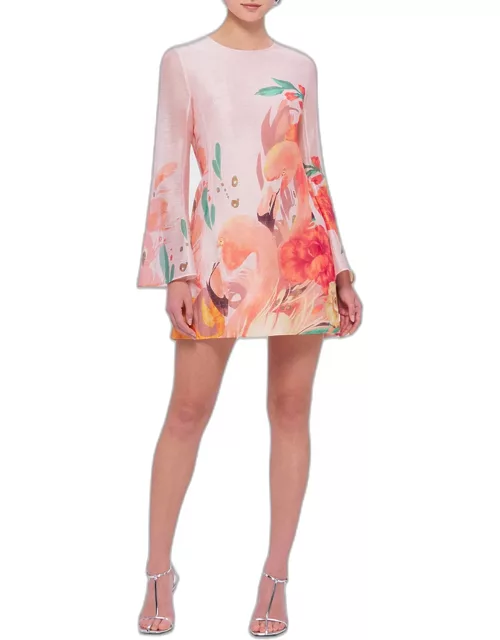 Suzanne Bell-Sleeve Floral-Print Mini Dres