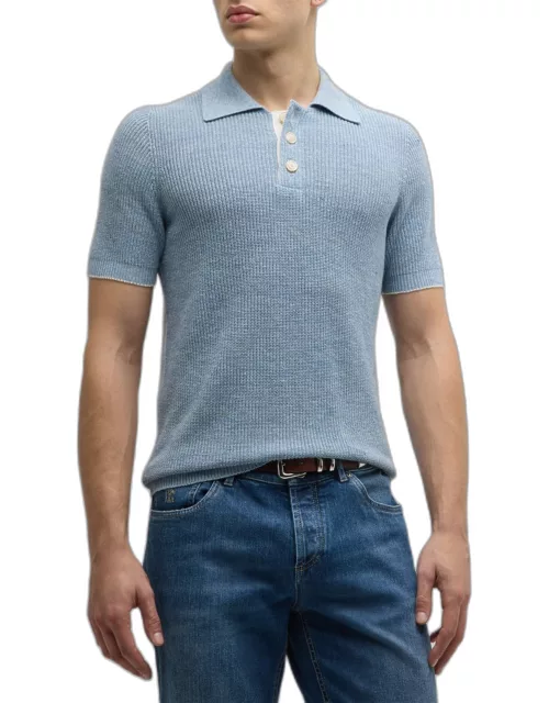 Men's Cotton-Linen Melange Ribbed Polo Shirt