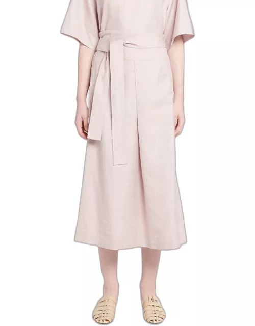 Ariel Spring Linen-Wool Belted Midi Skirt