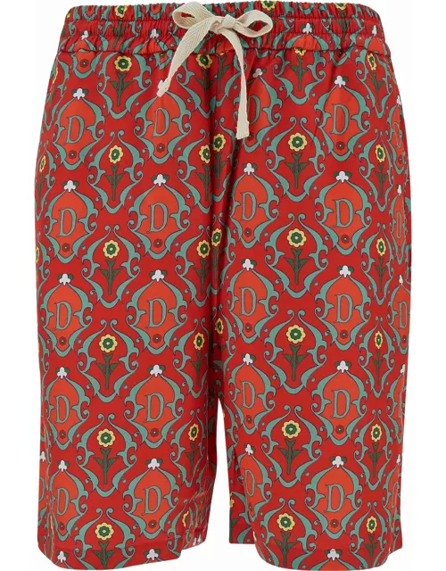 Drôle de Monsieur Red Shorts With All-over Ornements Print In Satrin Man