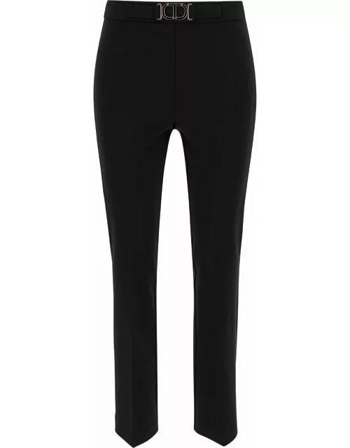 TwinSet Black Flare Pants With Oval T Buckle In Viscose Blend Woman
