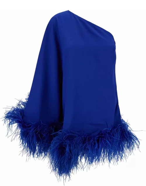 Taller Marmo ubud Mini Blue One-shoulder Dress With Feather Trim In Acetate Blend Woman
