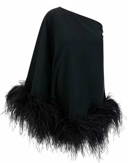 Taller Marmo ubud Mini Black One-shoulder Dress With Feather Trim In Acetate Blend Woman