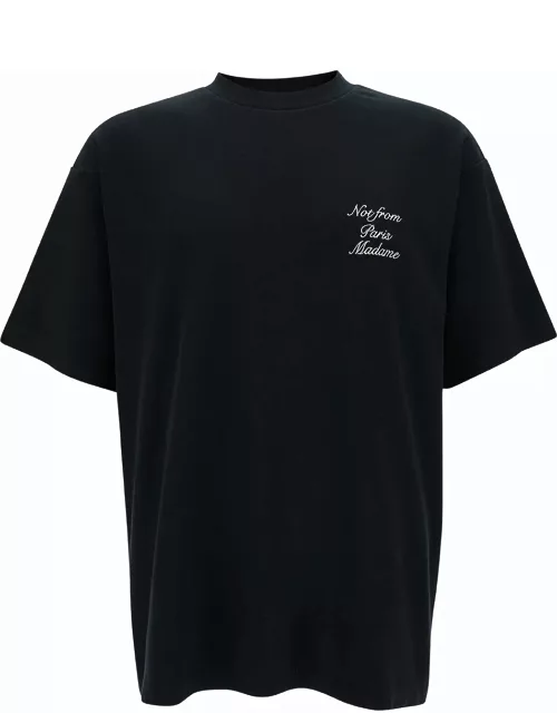 Drôle de Monsieur Black Crewneck T-shirt With Slogan Cursive Embroidery In Cotton Man