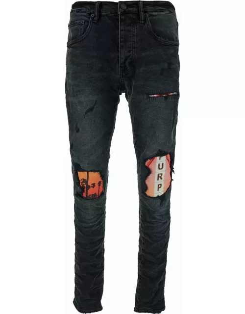 Purple Brand Black Skinny Jeans With Purple Print And Rips In Denim Man