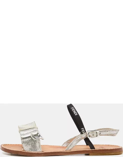 Fendi Silver/Black Textured Suede and Logo Elastic Flat Sandal
