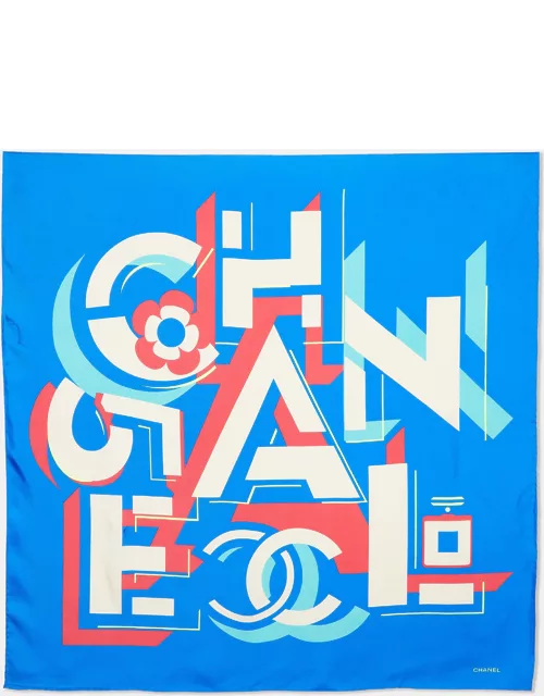 Chanel Blue Geometric Logo Print Silk Square Scarf