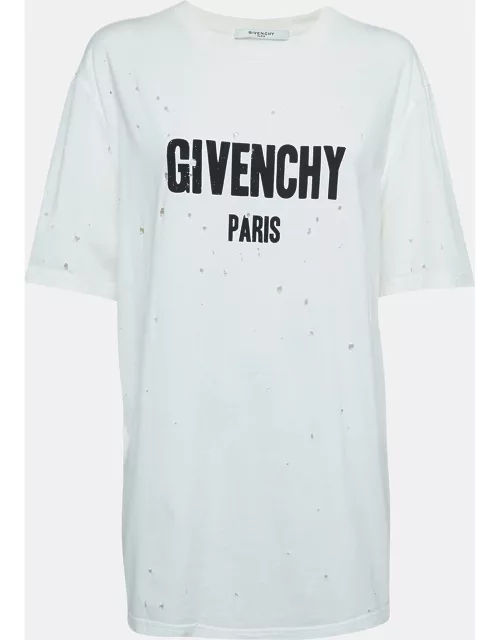 Givenchy White Logo Print Distressed Cotton Half Sleeve T-Shirt