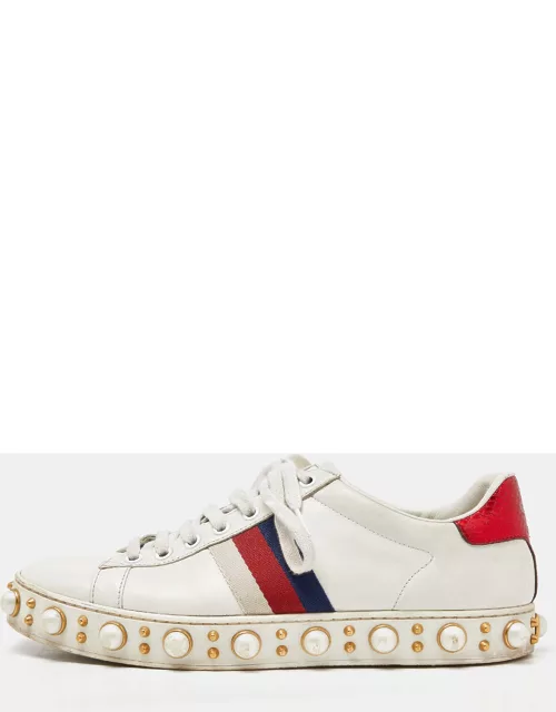 Gucci White Leather Web Detail New Ace Faux Pearl Embellished Low Top Sneaker