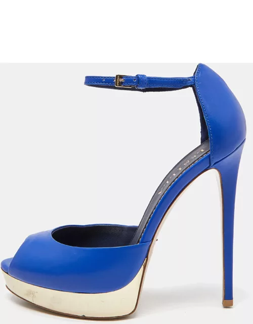 Le Silla Blue Leather Peep Toe Platform Ankle Strap Sandal