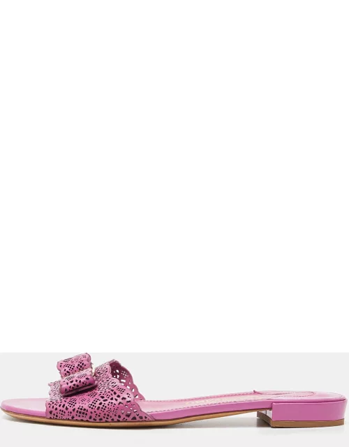 Salvatore Ferragamo Pink Laser Cut Leather Gil Flat Slide Sandal