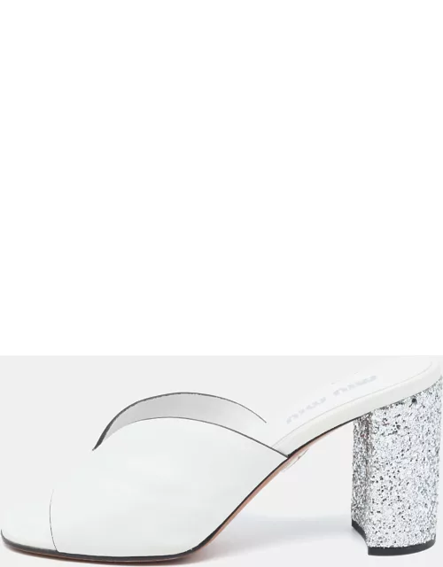 Miu Miu White Leather Glitter Block Heel Slide Sandal