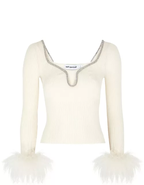 Self-portrait Feather-trimmed Ribbed-knit top - Off White - L (UK14 / L)
