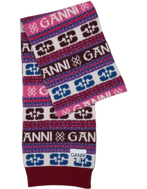 Ganni Striped Logo-intarsia Wool-blend Scarf - Multicoloured