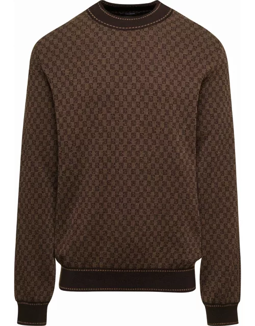 Balmain Crewneck Sweater With All-over Retro Monogram Print In Stretch Woo