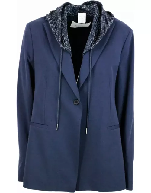 Fabiana Filippi Single-breasted Blazer Jacket In Stretch Cotton Jersey With Long Sleeves And Removable Hood Embellished With Lurex