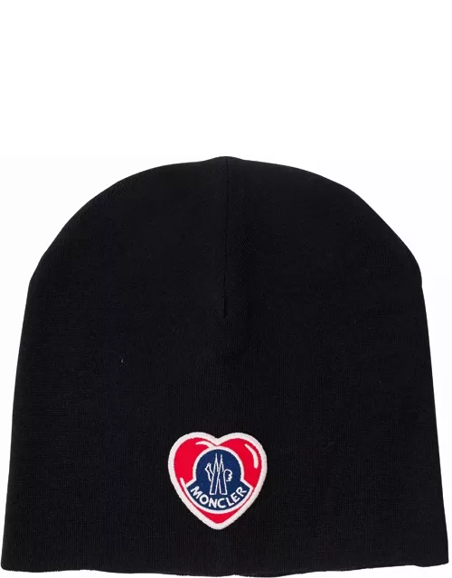 Moncler Black Beanie With Heart-shaped Logo Patch In Wool Blend Man