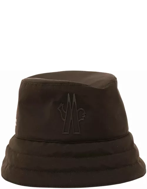 Moncler Grenoble Black Bucket Hat With Metal Logo Patch In Tech Fabric Woman