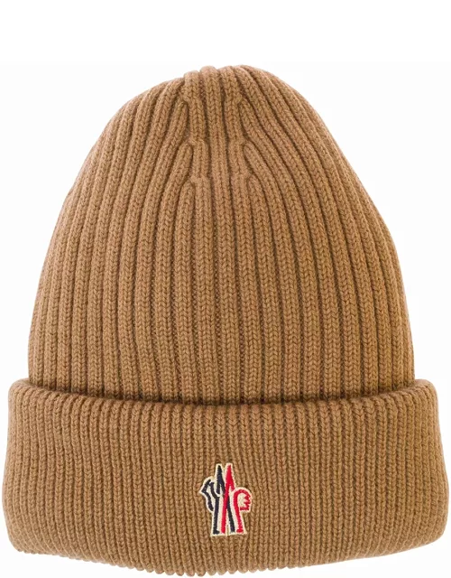 Moncler Grenoble Beige Beanie With Logo Embroidery In Wool Man